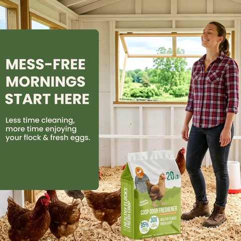 All Natural Chicken Coop Odor Eliminator And Moisture Absorber For Coops And Runs Ammonia Neutralizer And Deodorizer, 20 lb bag in coop with woman and chickens