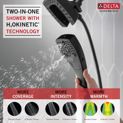 Person using Five Spray In2ition 2 In 1 Dual Shower Head With Hose And Magnetic Dock Handheld Matte Black Shower System