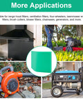 High Flow Green 65 PPI Foam Air Filter Material Replacement shown with various applications like lawnmowers and generators.