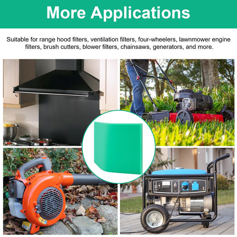 High Flow Green 65 PPI Foam Air Filter Material Replacement shown with various applications like lawnmowers and generators.