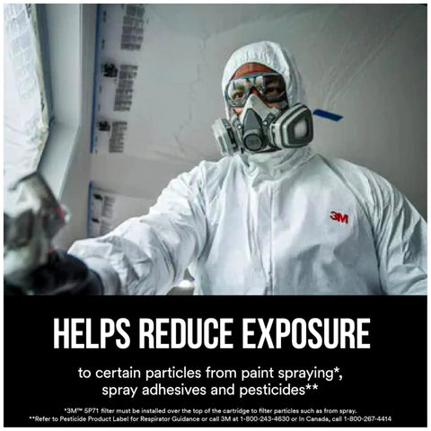 Person in protective suit using respirator with P95 Particulate Filters 5P71 Pack For Pro Painters, Oil-Based Aerosols, Solvents, Pesticides