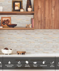 Image of a kitchen with Peel And Stick Backsplash Tiles For Kitchen Beige With Metal Gold Finish 5 Sheets PVC Composite.