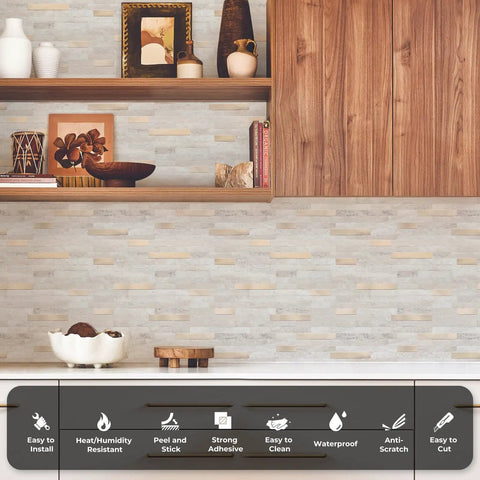 Image of a kitchen with Peel And Stick Backsplash Tiles For Kitchen Beige With Metal Gold Finish 5 Sheets PVC Composite.