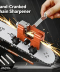 Hand Crank Chainsaw Sharpener Jig With 5 Grinding Bits for All Chainsaws clamped on chain bar in use with sparks