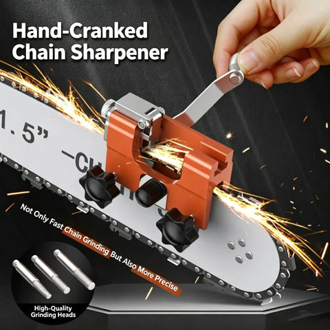 Hand Crank Chainsaw Sharpener Jig With 5 Grinding Bits for All Chainsaws clamped on chain bar in use with sparks