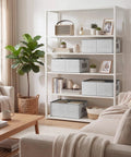 Top Shelf Fabric Storage Bins With Clear Mesh Windows And Tough Pull Handles Level Up Your Closet Game In Clean Grey Four Pack arranged on shelves.