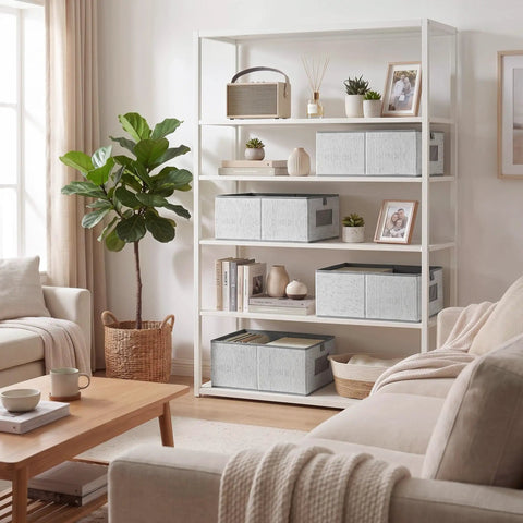 Top Shelf Fabric Storage Bins With Clear Mesh Windows And Tough Pull Handles Level Up Your Closet Game In Clean Grey Four Pack arranged on shelves.