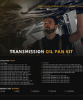 Mechanic inspecting vehicle with Transmission Oil Pan Kit With Filter And Gasket For NAG1 W5A580 Transmission Fits Dodge Challenger Charger Magnum Nitro Jeep Grand Cherokee Wrangler Commander Chrysler 300 2005-2016 DIY Friendly Upgrade chart visible.