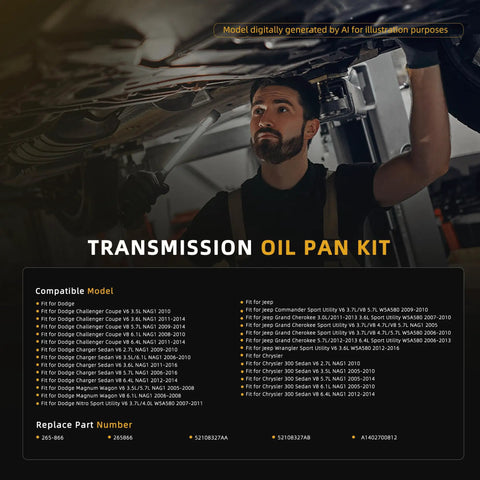 Mechanic inspecting vehicle with Transmission Oil Pan Kit With Filter And Gasket For NAG1 W5A580 Transmission Fits Dodge Challenger Charger Magnum Nitro Jeep Grand Cherokee Wrangler Commander Chrysler 300 2005-2016 DIY Friendly Upgrade chart visible.