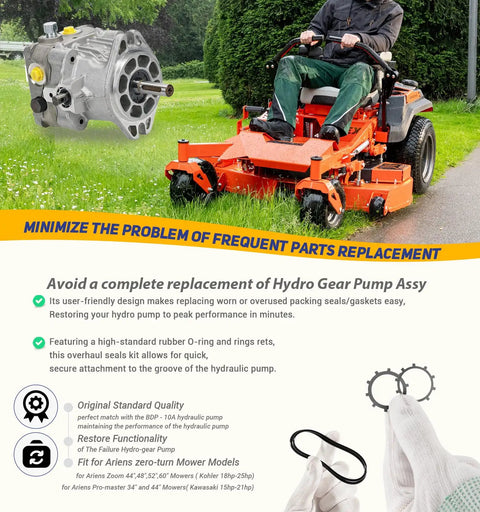 Person operating lawn mower with BDP-10A Pump Overhaul Seal Kit With Seals And Gaskets For PG Series Hydraulic Pumps Kohler Kawasaki Compatible