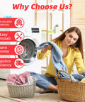 Woman folding laundry next to a washing machine highlighting features of All-In-One Cabrio Dryer Repair Kit for home maintenance.