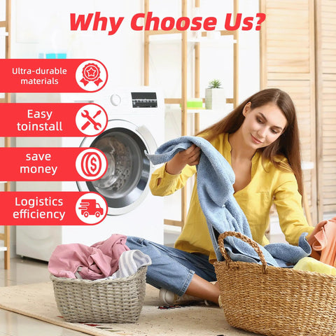 A woman in a yellow shirt organizing laundry in a basket in front of a modern washer, showcasing efficient dryer repair solutions.