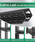 Heavy Duty Steel Garage Shelving Unit With 47.2 Inch Wide 15.7 Inch Deep 71.6 Inch High Black Finish Built Tough For Garage Storage Sturdy All Steel Shelves Storage Rust Resistant Powder Coat Easy Organization, close-up of thick steel shelf beams