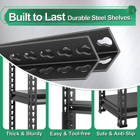 Heavy Duty Steel Garage Shelving Unit With 47.2 Inch Wide 15.7 Inch Deep 71.6 Inch High Black Finish Built Tough For Garage Storage Sturdy All Steel Shelves Storage Rust Resistant Powder Coat Easy Organization, close-up of thick steel shelf beams