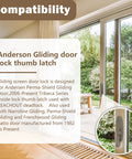 Thumb Latch Replacement Sliding Door Lock for Patio Doors Fits Narroline Gliding Perma Shield Gliding And Frenchwood Gliding Models Includes Fasteners for 2 Panel and 4 Panel Doors Durable Easy Install Hardware for Smooth Operation shown installed on a patio door with a garden view.
