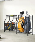 Rollin Golf Bag Storage Rack With Wheels All In One Sports Gear Organizer holding golf bags, balls, and helmets in garage