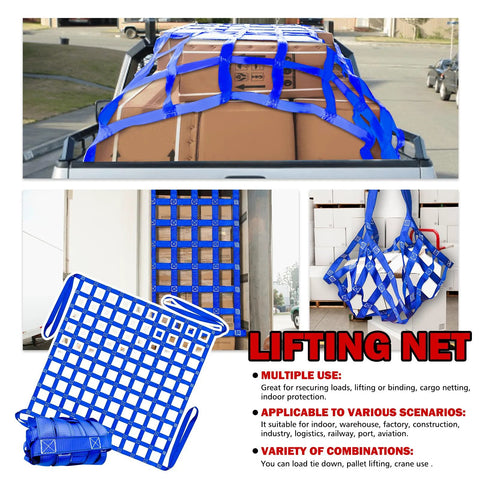 Heavy Duty Cargo Lifting Net 1212 Lbs 4.92x4.92 Ft With 10x10 Cm Mesh Polyester Hoist Net shown with boxes in a truck and folded