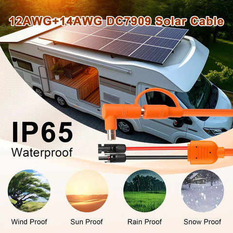 Solar To DC 8mm Charge Extension Cable 10 Ft 12AWG Plus 14AWG Copper Core for RV solar panel connection shown.