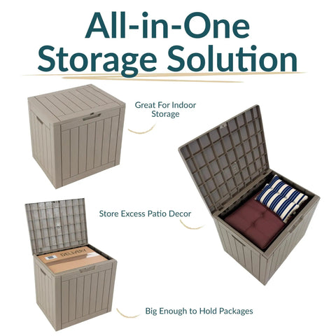 Lockable Outdoor Deck Box For Patio Storage Weather Resistant 32 Gallon Faux Plank Driftwood Finish with open and closed views