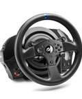 Thrustmaster T300RS GT steering wheel with base; black perforated grip and blue top stripe.