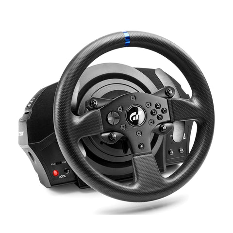 Thrustmaster T300RS GT steering wheel with base; black perforated grip and blue top stripe.