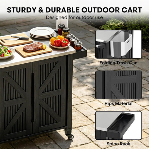 Outdoor Grill Cart With Stainless Steel Tabletop And Storage Cabinet, Portable Grill Island On Four Wheels With Folding Trash Can