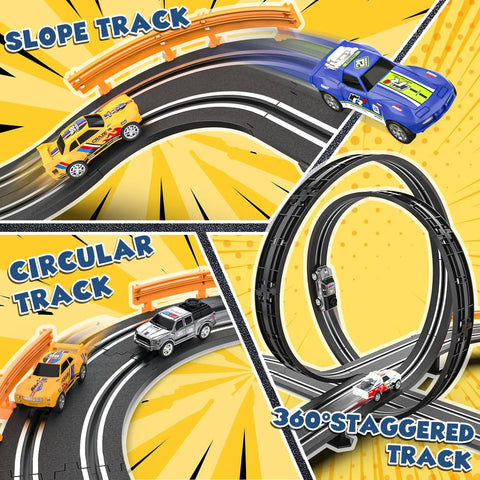 Ultimate Slot Car Race Track Set With Four Cars Electric Track With Slope Overpass And Circular Laps Dual Racing Game features