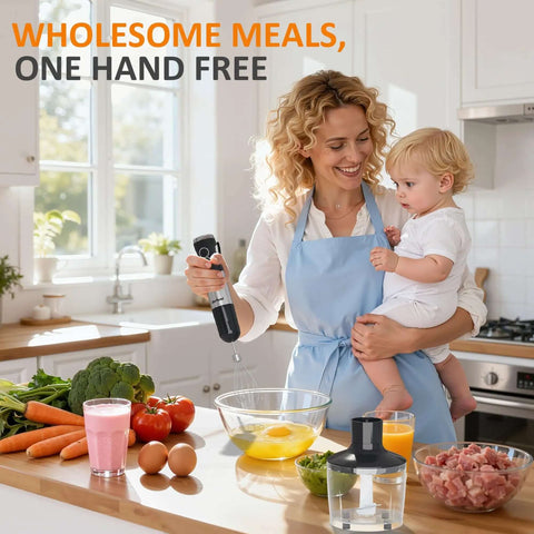 A woman uses a Heavy Duty Cordless Hand Blender 1000W Stick Mixer With Turbo Mode And 12 Speeds for preparing meals.