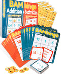 Addition And Subtraction Math Bingo Game For 1st Through 3rd Grade Kids Classroom Or Homeschool Learning 2 In 1 Flash Cards And Bingo Fun To Crush Basic Facts, showing bingo cards and flash cards with math problems.