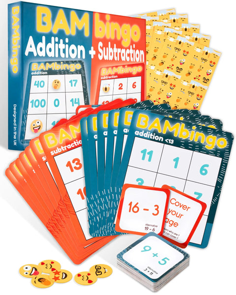 Addition And Subtraction Math Bingo Game For 1st Through 3rd Grade Kids Classroom Or Homeschool Learning 2 In 1 Flash Cards And Bingo Fun To Crush Basic Facts, showing bingo cards and flash cards with math problems.