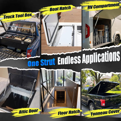 Rock Solid 304 Stainless Steel Gas Struts 15 Inch 22.5 Pound for boat hatches, tool boxes, RV compartments, and more.
