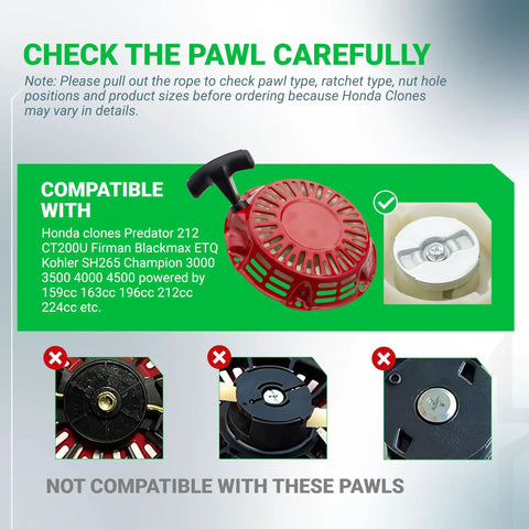 Compatibility guide for pull start recoil starter, showing compatible and incompatible pawl types for Predator 212cc and 173cc OHV engines.