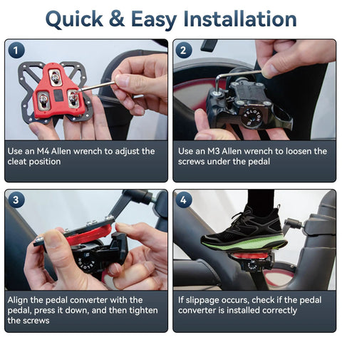 Four-step installation guide for Peloton Pedal Converters For Regular Shoes With No Slip Platform Pedals For Peloton Bike And Bike Plus.