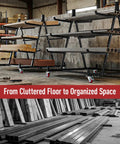 Heavy Duty 3 Tier Lumber Storage Rack Built Like A Tank 1000 Lb Capacity with wood boards and steel pipes in a workshop.