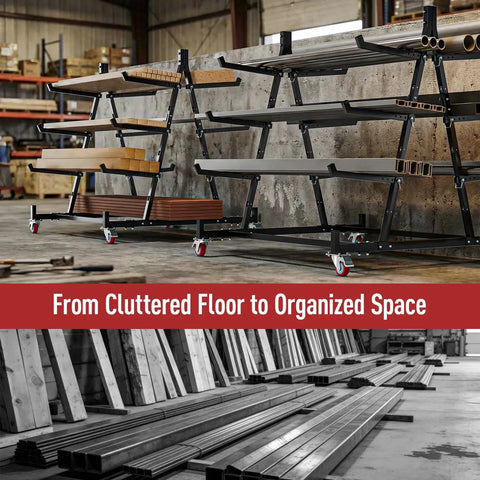Heavy Duty 3 Tier Lumber Storage Rack Built Like A Tank 1000 Lb Capacity with wood boards and steel pipes in a workshop.