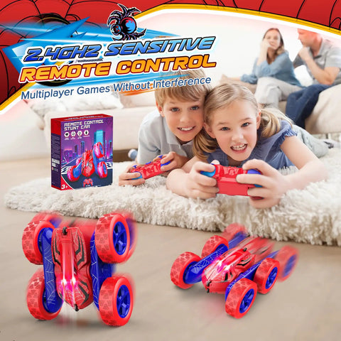 Kids playing with 4WD Remote Control Car For Kids With 360 Degree Flips, Double Sided Drift RC Race Car, Rechargeable Battery, Ages 3 To 12