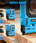 Pro Grade 18 Gauge Cordless Brad Nailer 21V With Twin 20Ah Lithium Batteries Rapid Charger close-up of safety guard on nail gun.