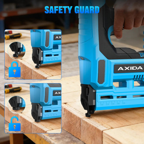 Pro Grade 18 Gauge Cordless Brad Nailer 21V With Twin 20Ah Lithium Batteries Rapid Charger close-up of safety guard on nail gun.