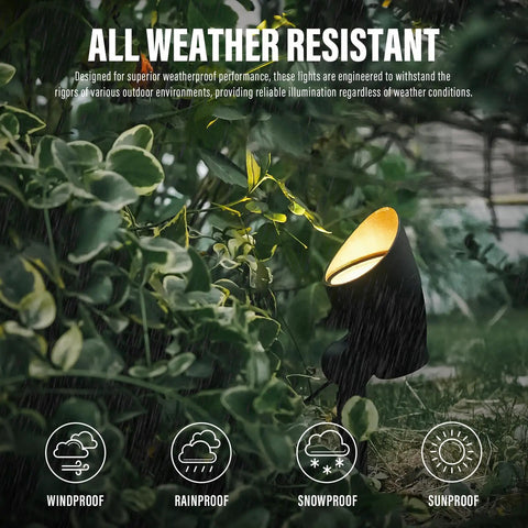 4 Pack Low Voltage Outdoor Landscape Flood Lights 5W LED Kit illuminating garden, 400 Lumen Black Waterproof Spotlights visible