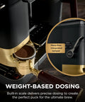 Top Shelf All In One Espresso Machine Featuring Built In Grinder And Hands Free Frother For Crisp Cold Brew And Fresh Drip Coffee Big Time Black Gold Edition showing weight-based dosing feature and integrated tamper.
