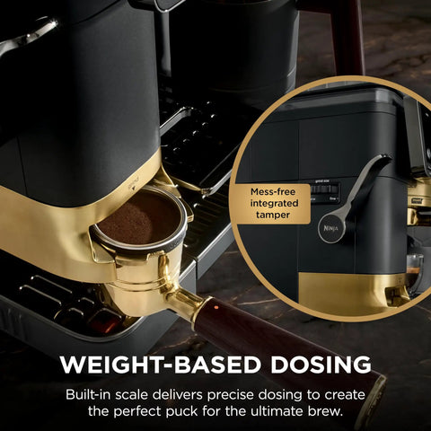 Top Shelf All In One Espresso Machine Featuring Built In Grinder And Hands Free Frother For Crisp Cold Brew And Fresh Drip Coffee Big Time Black Gold Edition showing weight-based dosing feature and integrated tamper.