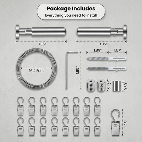 Stainless Steel Curtain Wire Rod Set 16.4 Ft With 24 Clips And Corner Connectors For Easy No Fuss Flexible Angled Installations Great For Windows Balconies Or Wall Mounted Curtain Panels. package includes wire, clips, brackets