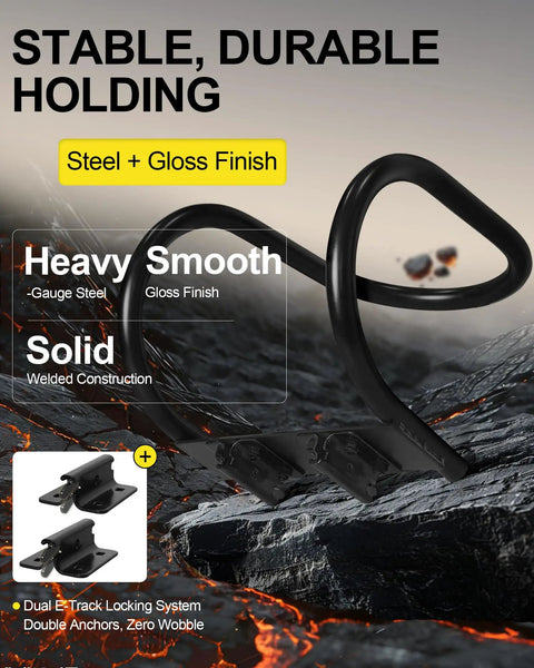 Two Pack Heavy Duty Motorcycle Wheel Chocks For E Track Steel Seven Inch Removable Front Tire Chocks For Trailers Vans Trucks Fits Front Tires Up To Seven Inches Easy Hand Tighten No Tools Required Self Locking Bolts, showing steel and gloss finish on rocky surface.