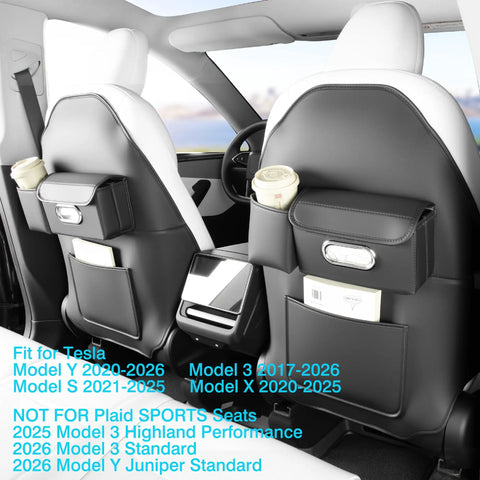 Custom Fit Seat Back Kick Protector And Rear Organizer For Tesla Model Y Model 3 Model S And X with cup holders and storage pockets.