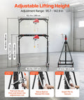 Heavy Duty Gantry Crane With 2200 Lb Capacity And Electric Hoist, showing adjustable heights 95.7 to 142.9 inches with assembly instructions.