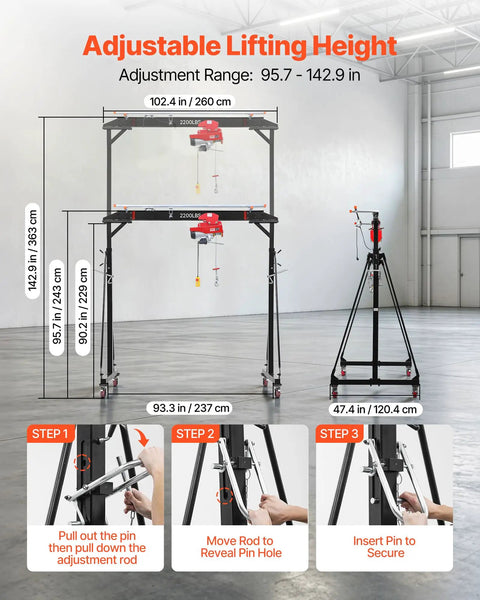 Heavy Duty Gantry Crane With 2200 Lb Capacity And Electric Hoist, showing adjustable heights 95.7 to 142.9 inches with assembly instructions.