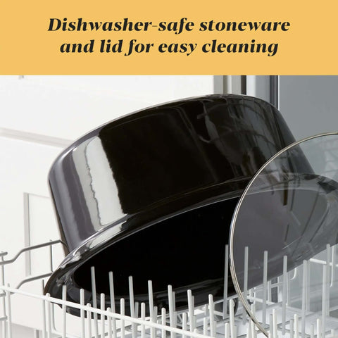 Black stoneware and lid from the 8-Quart Go-To Programmable Slow Cooker With Auto Warm, Digital Timer, and Easy Cleanup in dishwasher