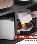 Close-up of storage cabinet in Outdoor Grill Cart With Wheels A Movable Stainless Steel Kitchen Island with various items inside.