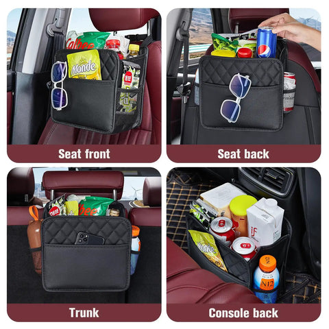Two Pack Backseat Car Organizer With Cup Holders, Waterproof PU Leather Universal Hanging Car Seat Back Organizer in use in car