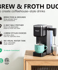Single Serve Coffee Maker With Built In Detachable Milk Frother For Pods And Grounds No Fuss In Classic Bold Over Ice And Specialty Brew 40 Oz Removable Water Reservoir Six Cup Sizes Fits 7 Point 3 Inch Travel Mug Black on wooden surface